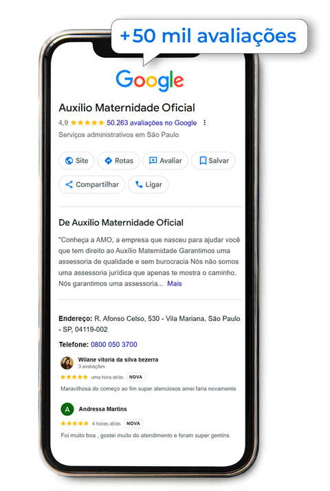 Avaliação Google — Auxílio Maternidade Oficial, nota 4.9 com mais de 35 mil avaliações